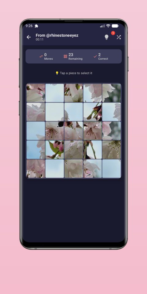The solve screen in the Phuzzles app: a 5 by 5 puzzle of cherry blossoms, with moves, pieces remaining and pieces correct counted along the top